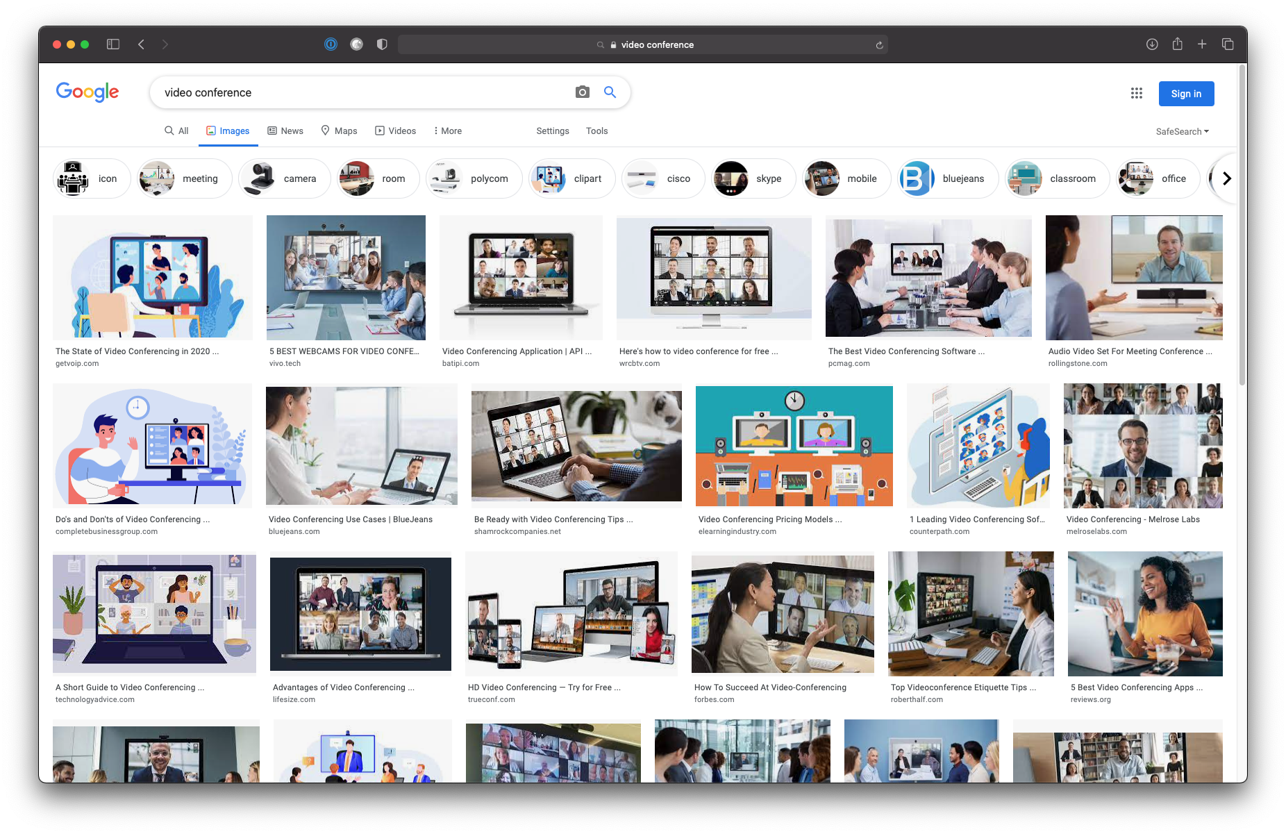 A screen shot of a Google Image Search for "video conference" showing many images with videos arranged in a grid filling up a computer screen