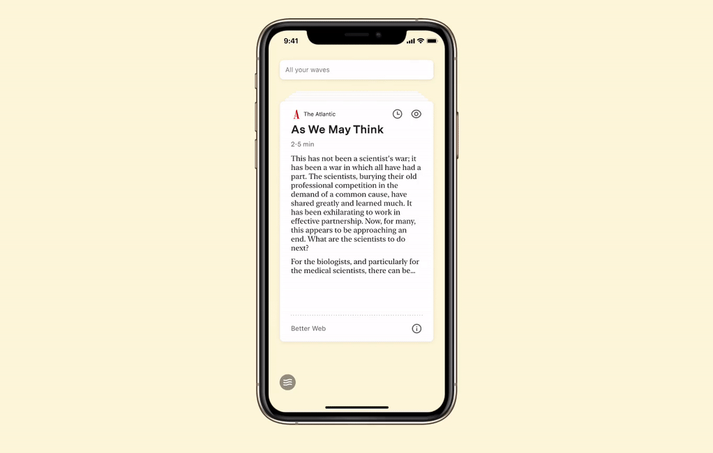 In this version, a swipe up searched for similar content, a swipe down marked it 'Not Relevant', and swiping left and right went through the cards.