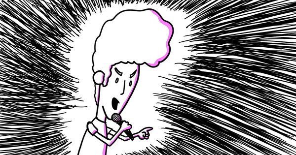 An illustration of a man ranting into a microphone with intense dark lines around him.
